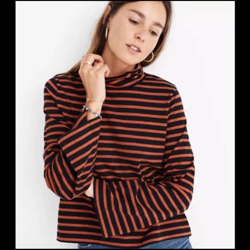 Madewell Black and Orange Striped Long Sleeve Mock Turtleneck